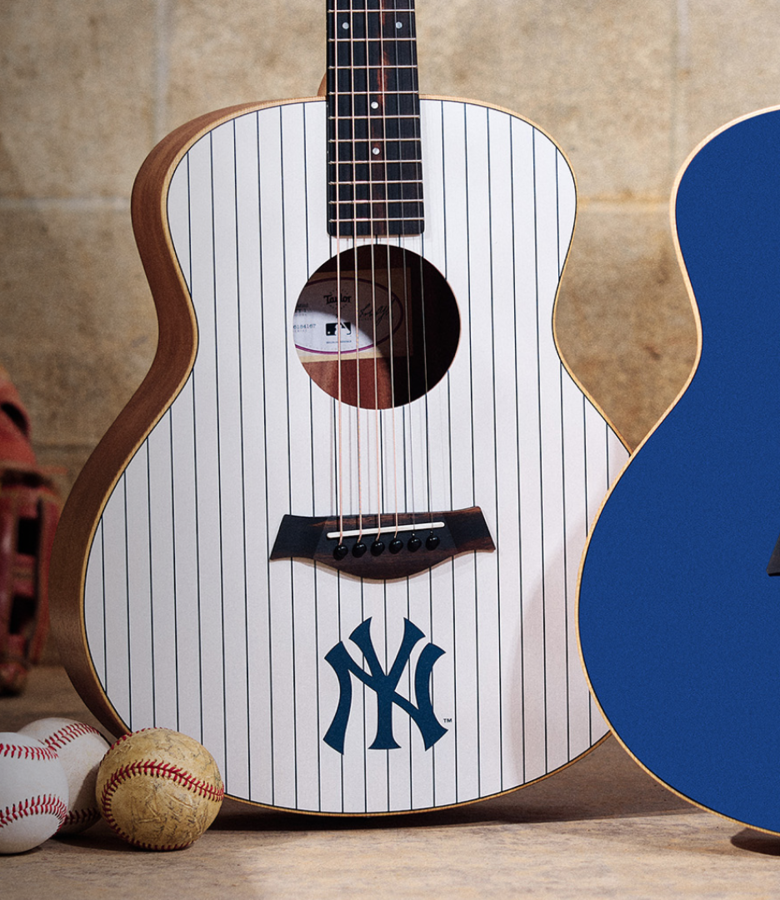 image showing a NY Yankee's Guitar and a Boston Red Sox guitar