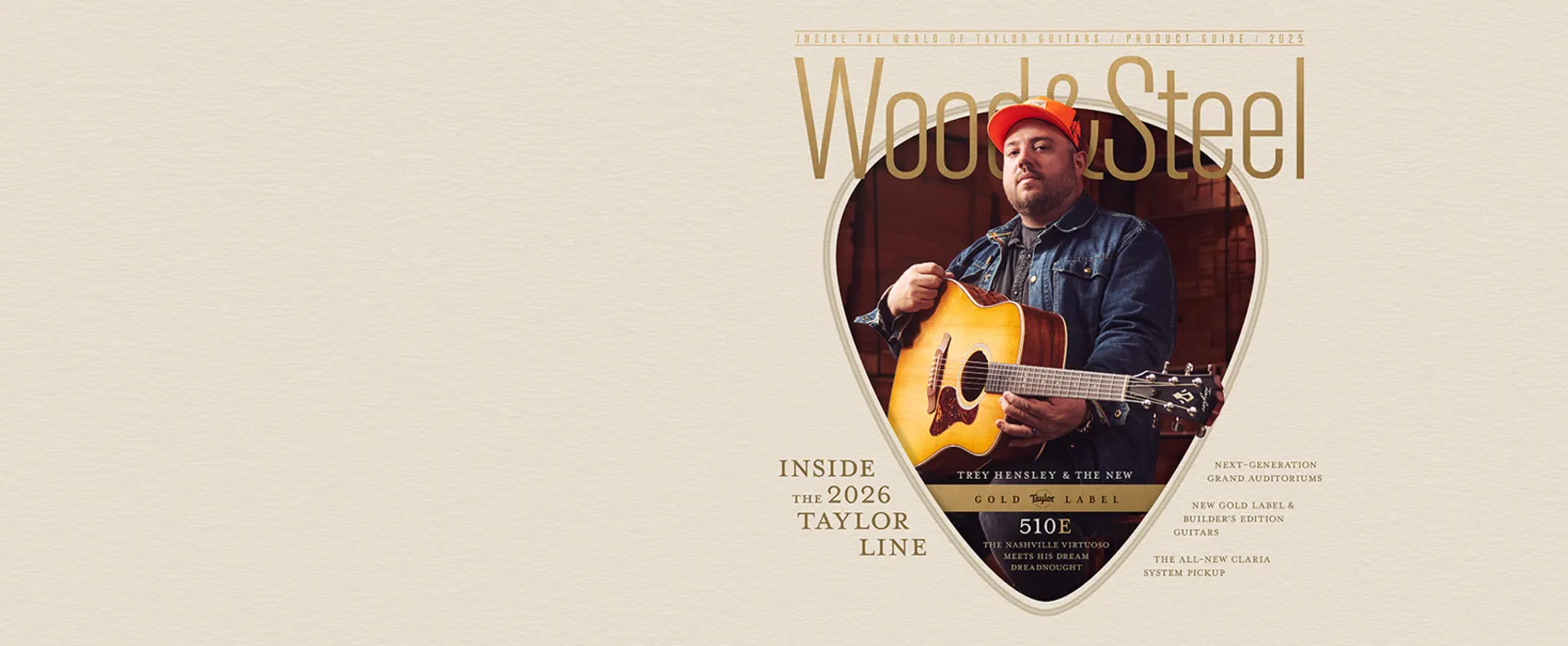 Cover image of Digital Wood&Steel Magazine featuring guitarist Trey Hensley and text indicating main stories